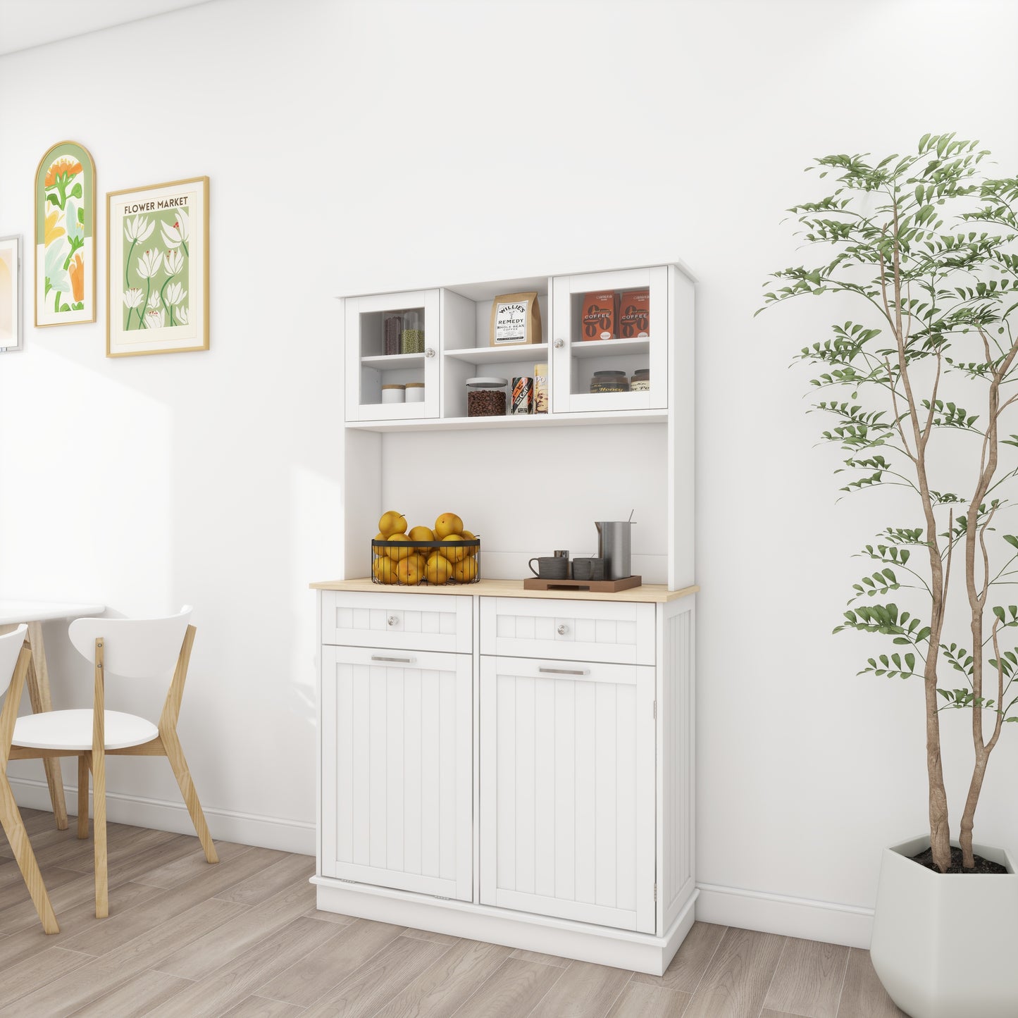 67.7" Tall Kitchen Trash Can Storage Cabinet with 3 Adjustable Shelves, 2 Drawers and 1 Tilt Out Trash Cabinet for Kitchen, Dinning Room, Living Room-White