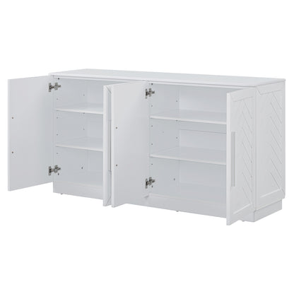 TREXM Sideboard with 4 Doors Large Storage Space Buffet Cabinet with Adjustable Shelves and Silver Handles for Kitchen, Dining Room, Living Room (White)