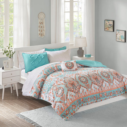 Twin XL Boho Comforter Set with Sheets – 7-Piece Polyester Microfiber Bedding, Reversible Print, Aqua