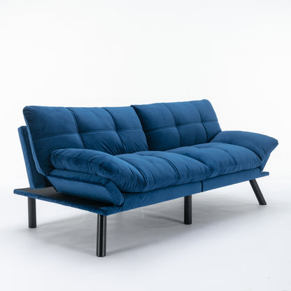 Modern Convertible Sofa Bed with Adjustable Backrest and Armrests, Velvet Upholstery, 70 in, Navy Blue