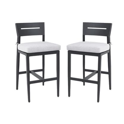 Outdoor Bar Stool Set Of 2 With Backrest And Footrest Aluminum Frame Weather Resistant Cushions Fade Resistant Modern Patio Ember Black