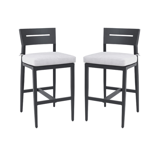 Outdoor Bar Stool Set Of 2 With Backrest And Footrest Aluminum Frame Weather Resistant Cushions Fade Resistant Modern Patio Ember Black
