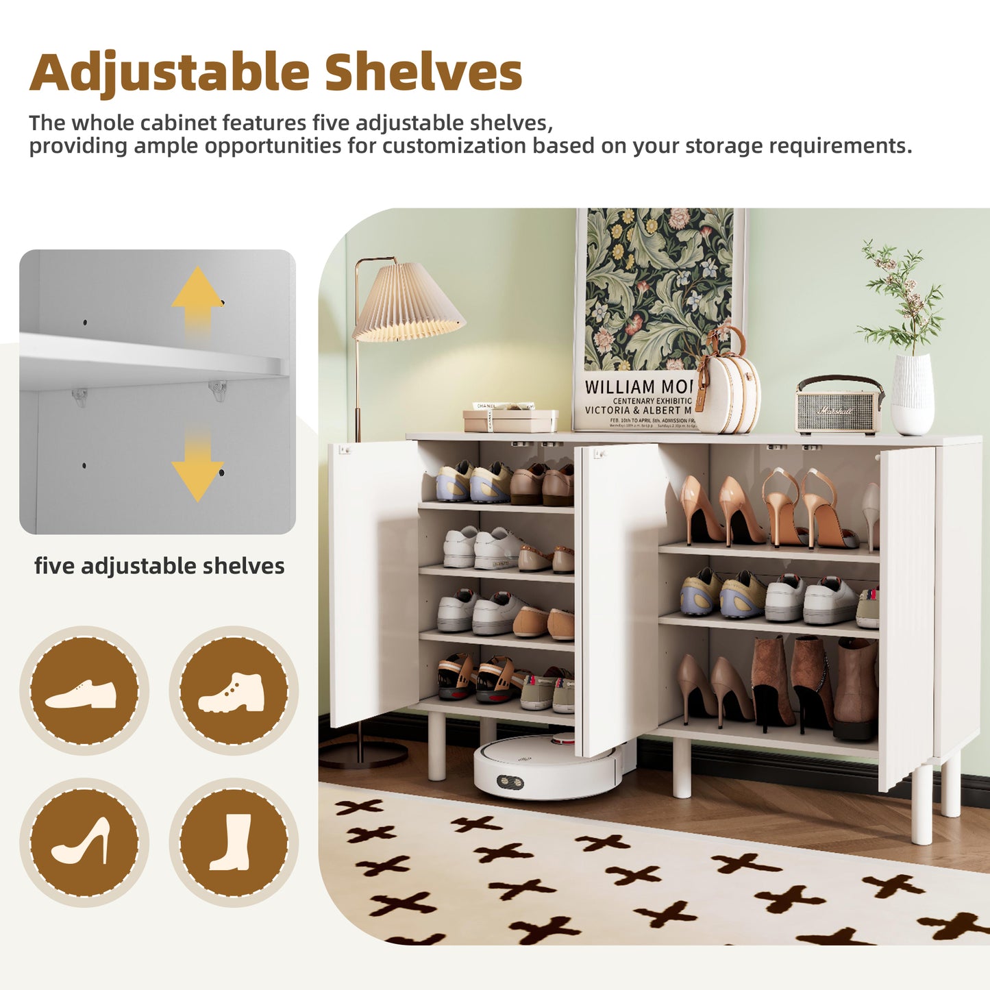 ON-TREND Minimalist Shoe Cabinet with 5 Solid Wood Legs, Cream Style Sideboard Buffet Cabinet with Fluted Doors, Large 4-Door Storage Cabinet with Adjustable Shelves for Living Room, White, 55.1*13.7"