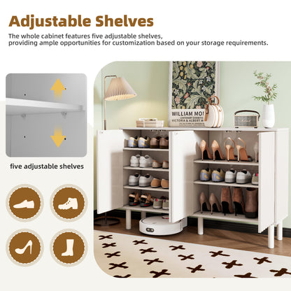 ON-TREND Minimalist Shoe Cabinet with 5 Solid Wood Legs, Cream Style Sideboard Buffet Cabinet with Fluted Doors, Large 4-Door Storage Cabinet with Adjustable Shelves for Living Room, White, 55.1*13.7"