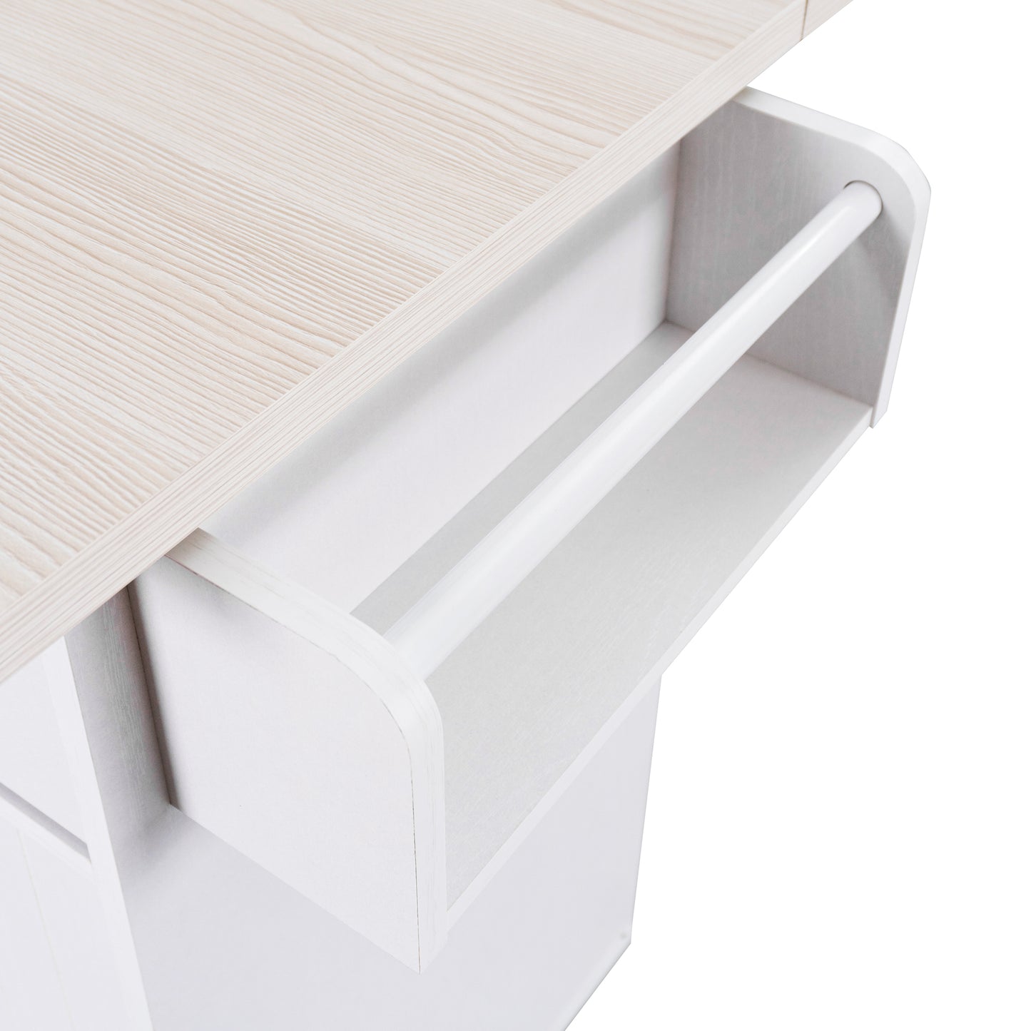 Rolling White Kitchen Island with Drop Leaf and Tilt-out Trash Can Storage, Spice Rack & Towel Rack