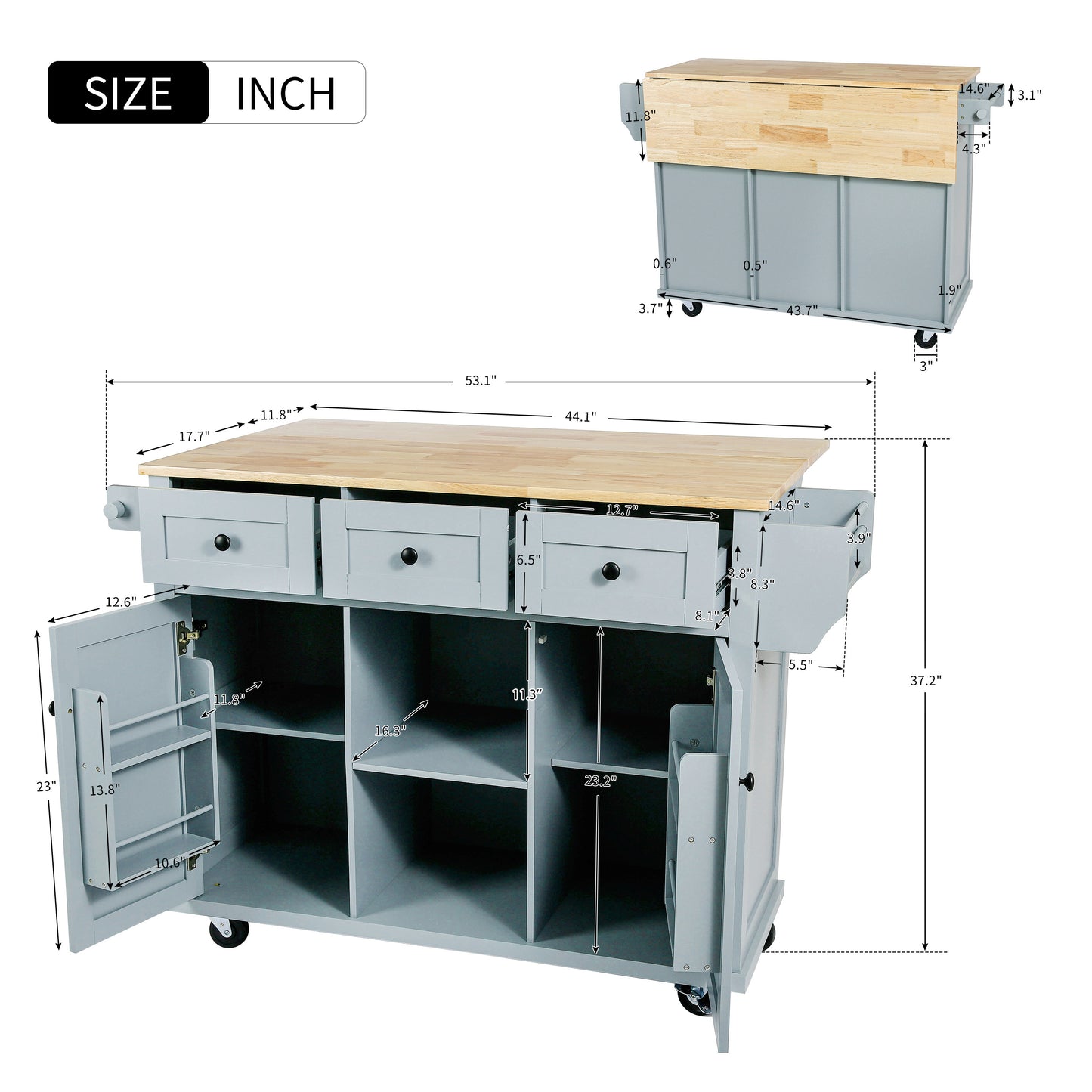 Multi-Functional Kitchen Island Cart with Rubber Wood Drop-Leaf Top, Storage Drawers, and Adjustable Shelving in Grey Blue