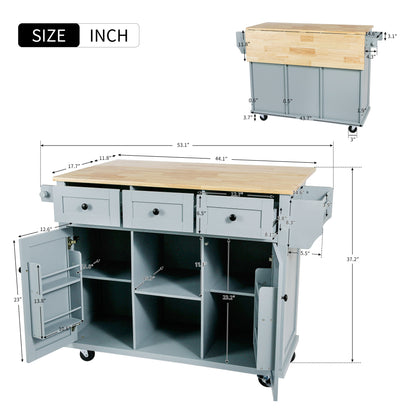 Multi-Functional Kitchen Island Cart with Rubber Wood Drop-Leaf Top, Storage Drawers, and Adjustable Shelving in Grey Blue