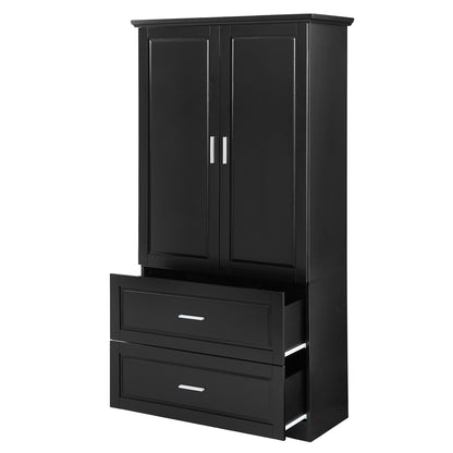 Black Tall Storage Cabinet with Adjustable Shelves, Doors, and Drawers - MDF Construction