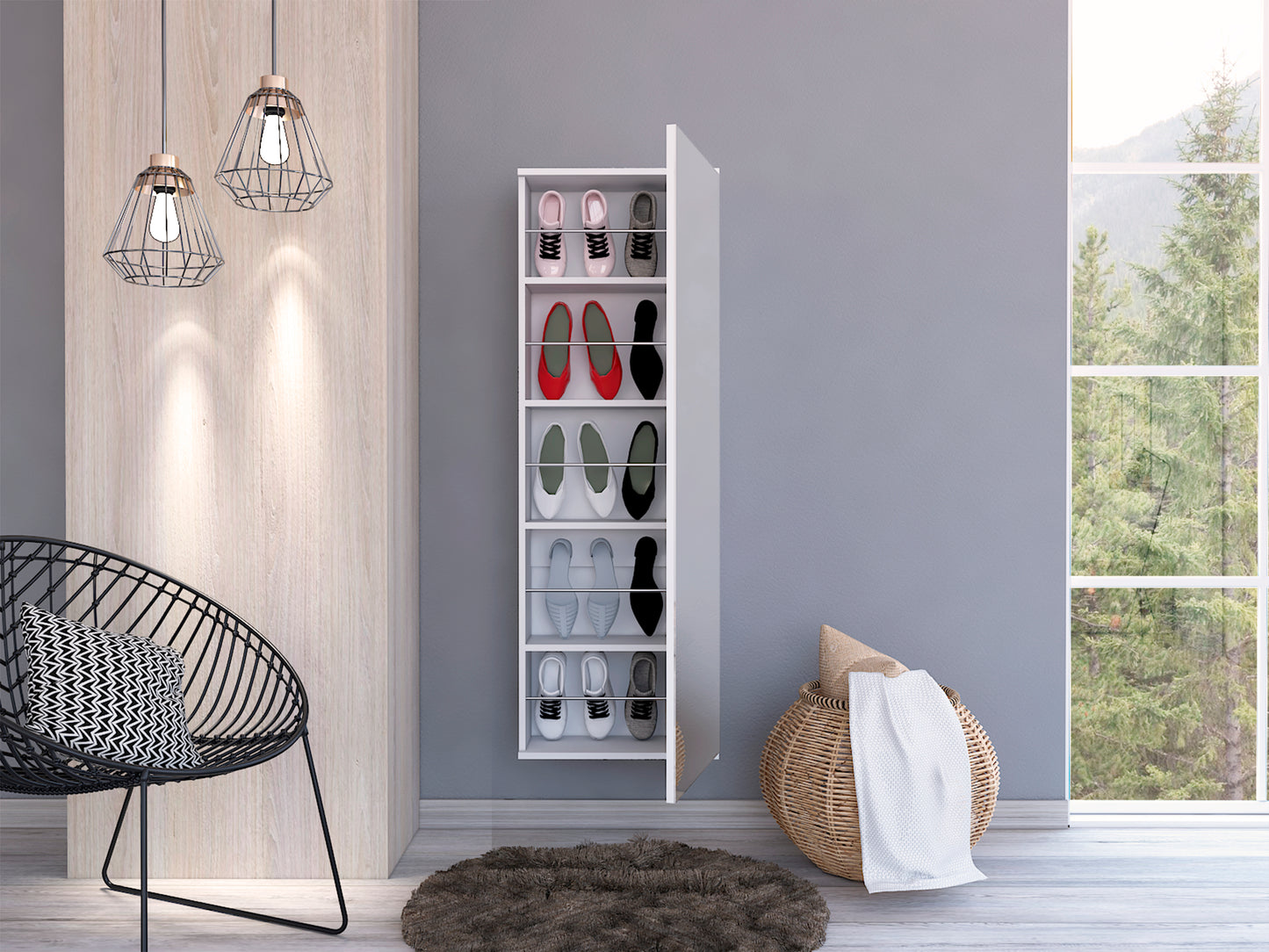 Montauk Modern 5-Shelf Wall-Mounted Shoe Organizer with Full-Length Mirror in Light Grey