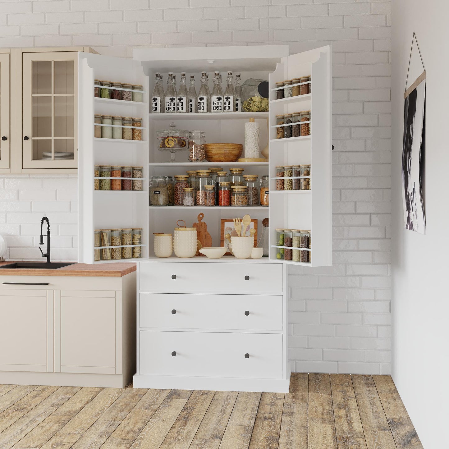 Tall White Farmhouse Kitchen Pantry - 77" Freestanding Storage Cabinet with Adjustable Shelves, Door Shelves, and Drawers