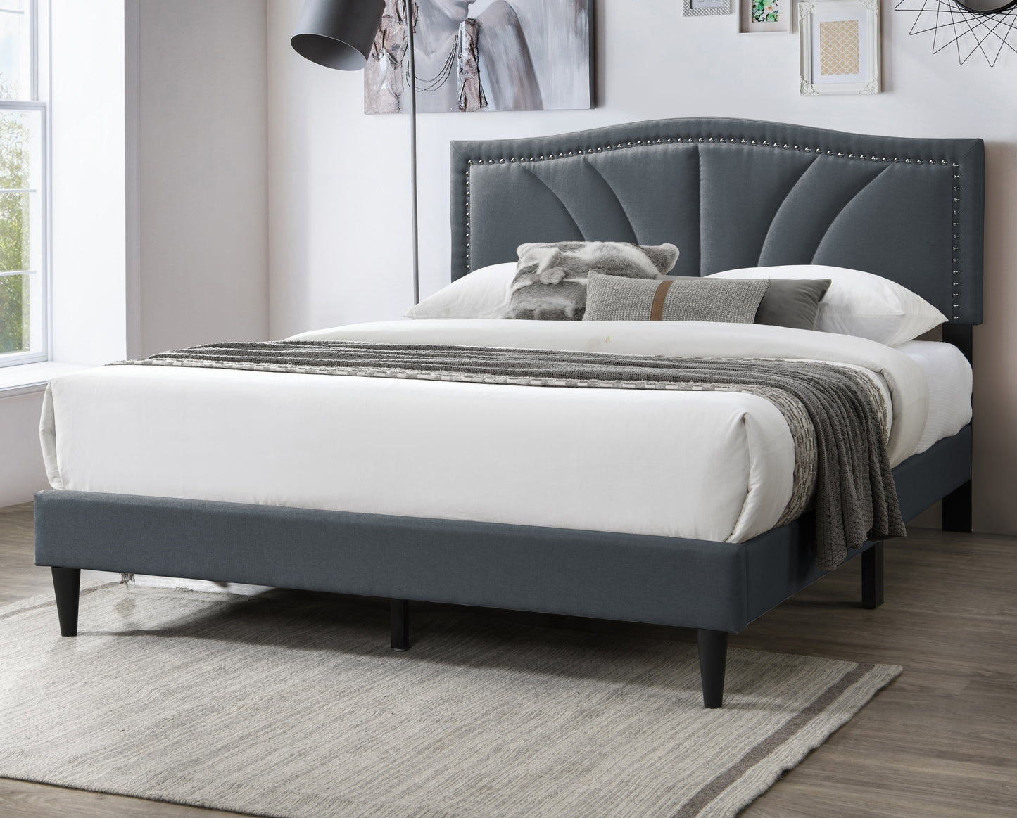 Chic Charcoal Burlap Queen Bed with Vintage Nailhead Trim Accents