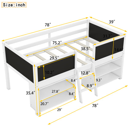 Twin Size Creative Low Loft Bed with Movable Storage Shelves and Chalkboard Guardrail, White