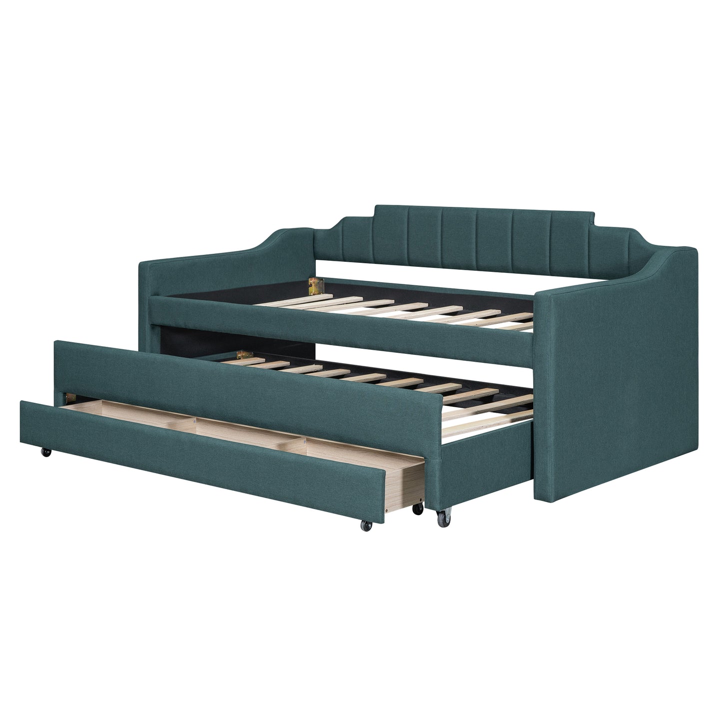 Green Twin Size Upholstered Daybed with Trundle and Storage Drawers