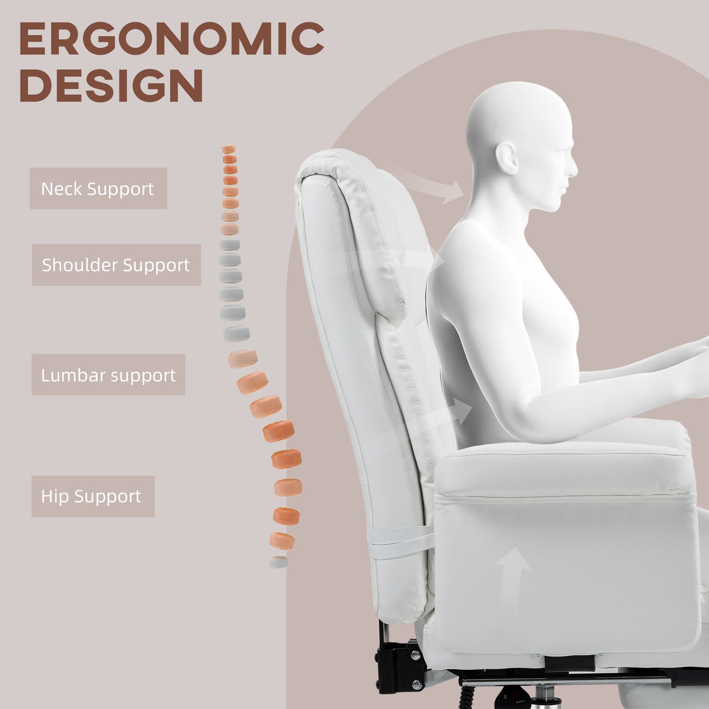 Luxurious White PU Leather Ergonomic Office Chair with Reclining Function, Footrest, and Lumbar Support