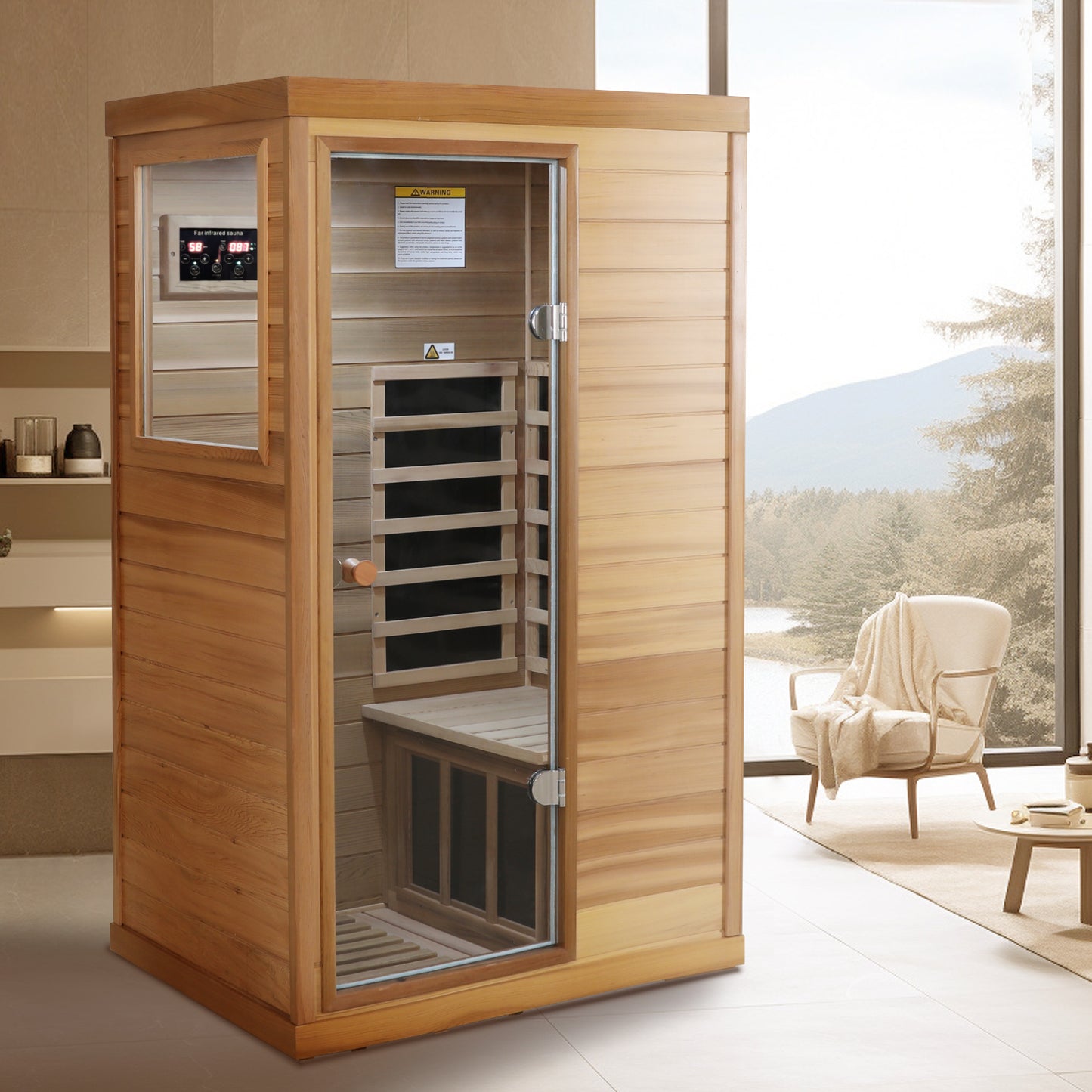 1-Person Indoor Far Infrared Sauna with Left Glass Door, 36x28x62 in, LCD, Bluetooth, 1050W Red Cedar
