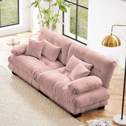 2-Seater Chenille Sofa for Living Room with Deep Cloud Cushions, 2 Lumbar & 2 Throw Pillows Pink