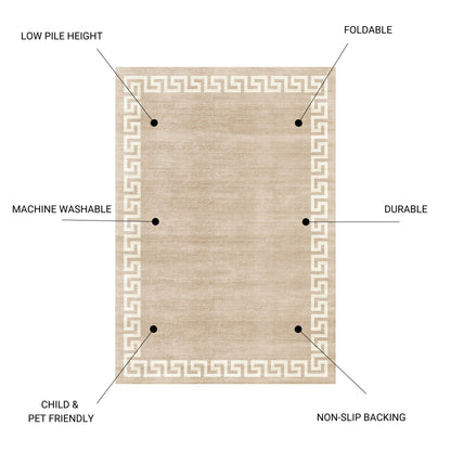 5x7 ft Washable Non-Slip Area Rug, Low-Pile Polyester, TPR Backing, Durable Rug for Entryway, Beige