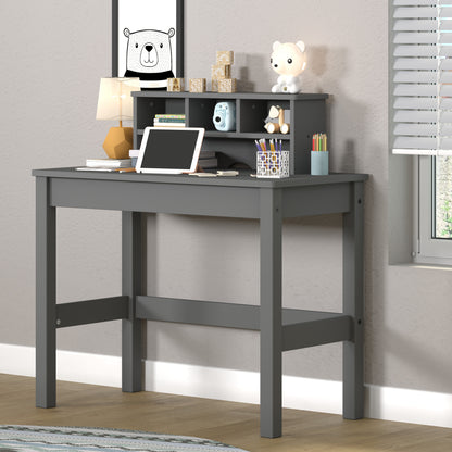 Sleek Gray Wood Writing Desk with Hutch and Cable Management