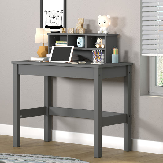 Sleek Gray Wood Writing Desk with Hutch and Cable Management