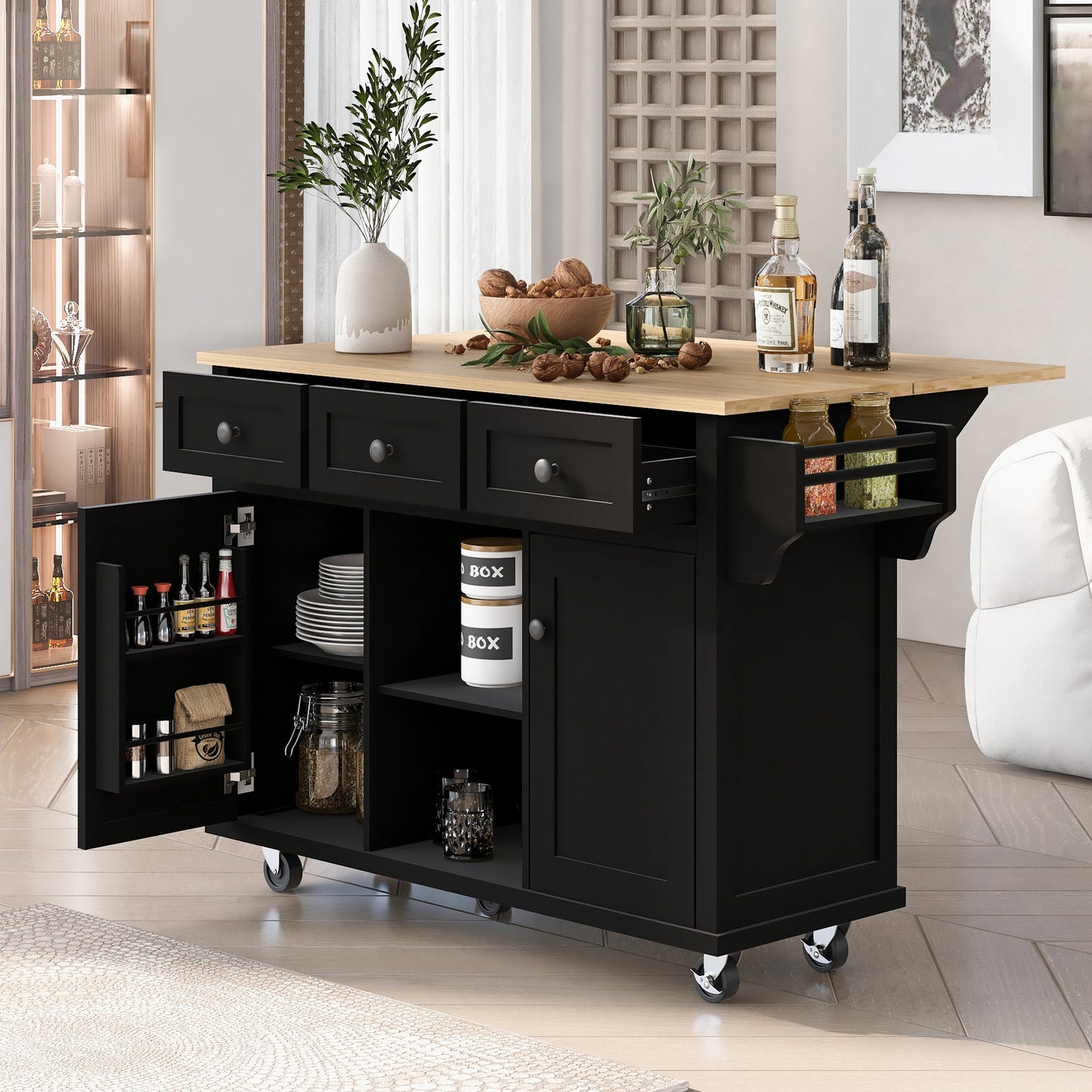 Black Kitchen Island Cart with Drop-Leaf Rubber Wood Top, Storage Cabinet, and Rolling Wheels