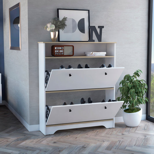 Light Oak and White 2-Tier Shoe Organizer with Two Shelves