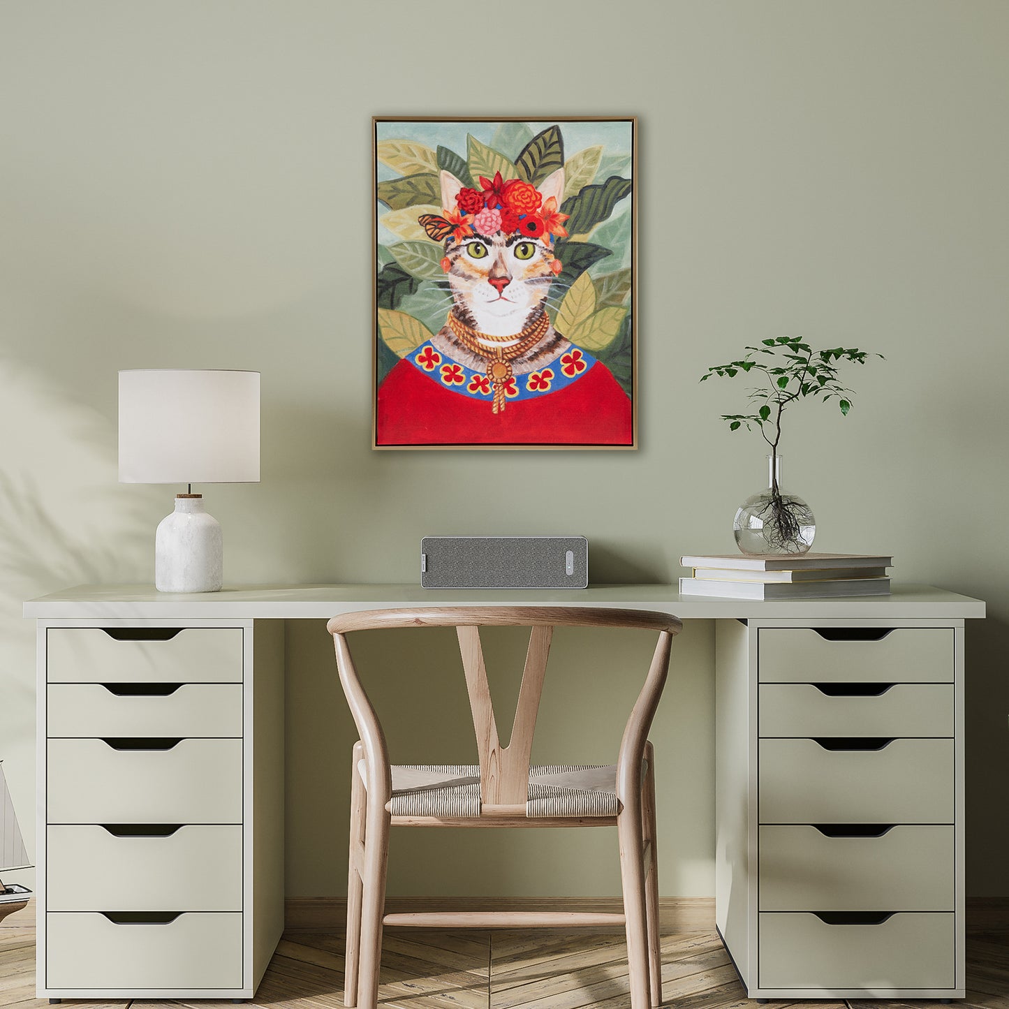 Framed Wall Art - Bohemian Cat in Living Room, 20.5x16.5 in, 1.25 in Thick Wood Frame, Natural Finish