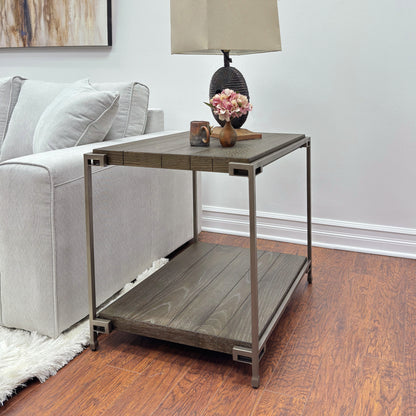 Living Room End Table with Shelf, 27x23x24 in, Hardwood & Oak Veneer, Metal Frame, Aged Graphite