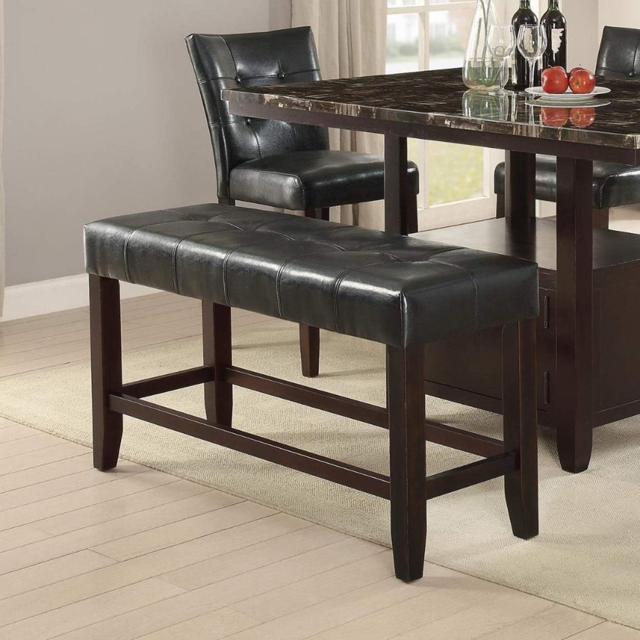 Counter Height 48in Dining Bench, Faux Leather Tufted Seat, Rubberwood Base, Farmhouse Dining Room Black Brown Finish