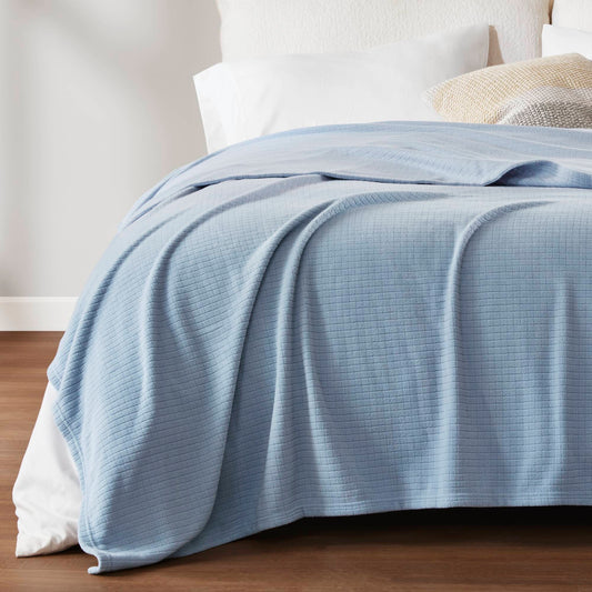 King Size Microfleece Blanket, 100% Polyester, Grid Pattern, Brushed Sides, Machine Washable Blue