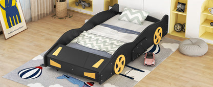 Twin Size Race Car Platform Bed with Storage and Wheels in Black and Yellow