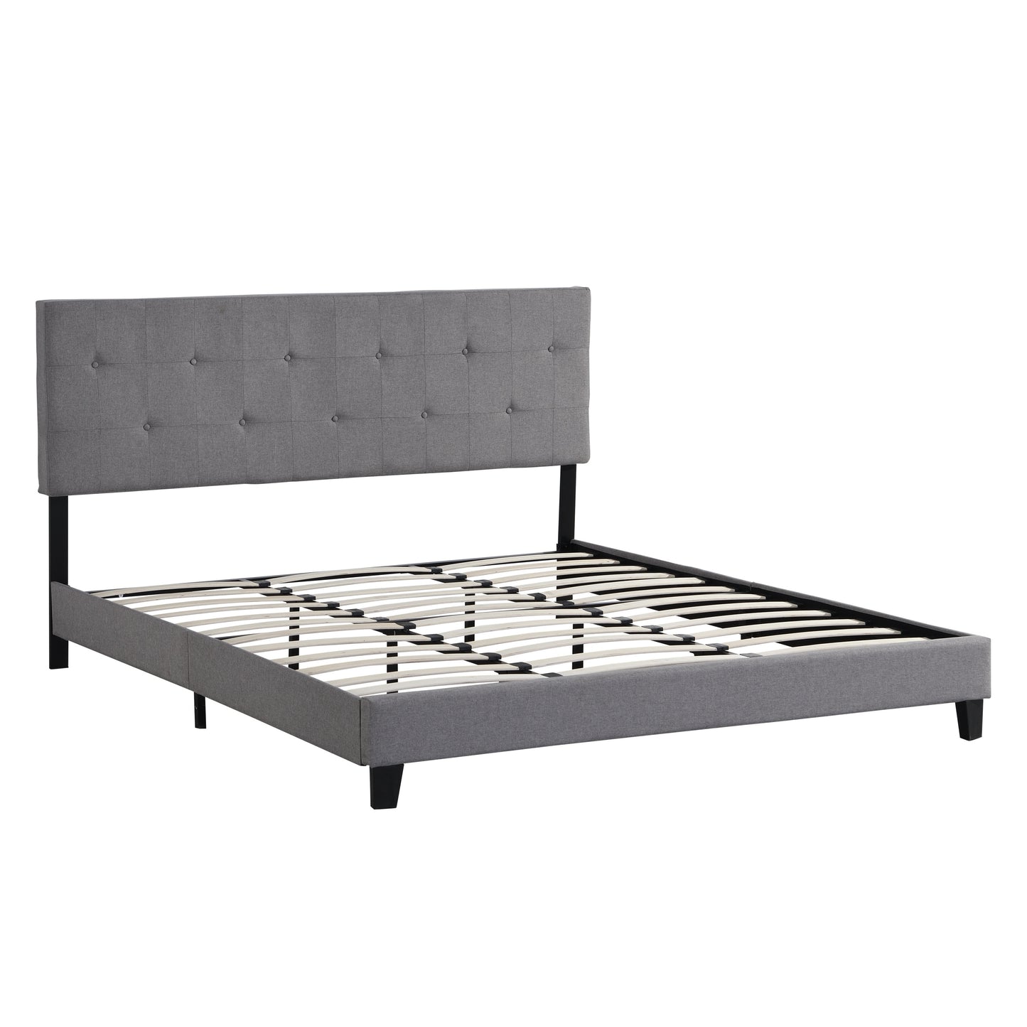 King Size Upholstered Platform Bed with Button-Tufted Linen Headboard and Wood Slat Support Gray