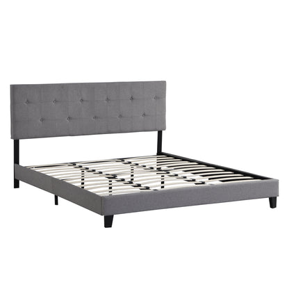 King Size Upholstered Platform Bed with Button-Tufted Linen Headboard and Wood Slat Support Gray