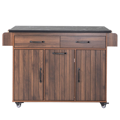 Walnut Brown Rolling Kitchen Island with Drop Leaf, Trash Can Storage, Spice & Towel Racks, and Adjustable Shelves