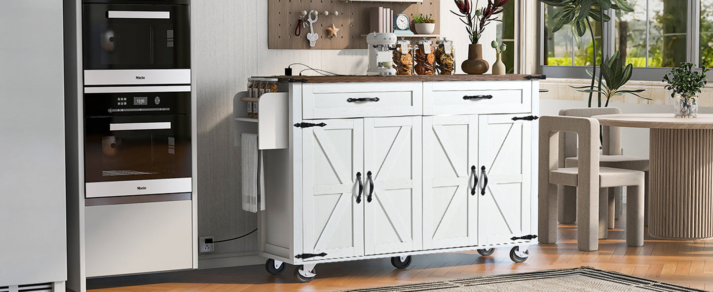 Farmhouse Rolling Kitchen Island with Power Outlet, Drop Leaf, Spice Rack, and Storage Drawers - 53.5'' White Cart for Kitchen and Dining Room