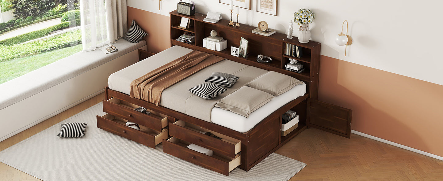 Elegant Antique Brown Full Size Wooden Captain Bed with Ample Storage and Built-in Shelves
