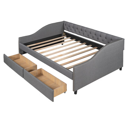 Elegant Gray Upholstered Full Size Daybed with Storage Drawers and Wood Slat Support