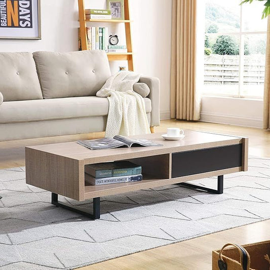 Mid-Century Modern Ash Wood Coffee Table with Metal Legs, 47in L, 2 Cubby Storage, Living Room tan