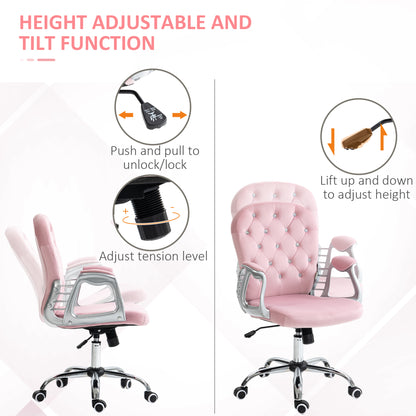 Pink Velvet Adjustable Office Chair with Padded Armrests and Swivel Wheels
