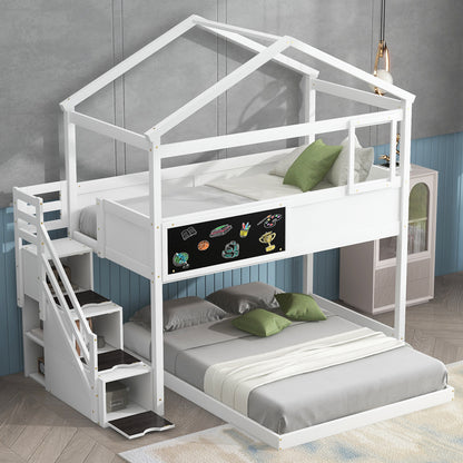 Whimsical Twin over Full House Bunk Bed with Storage Steps and Blackboard, White