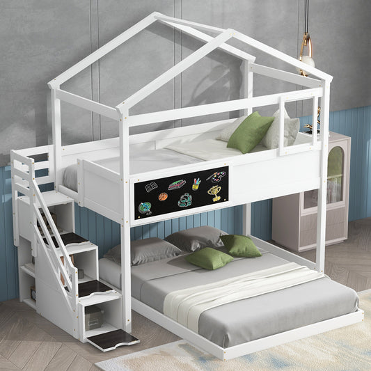 Whimsical Twin over Full House Bunk Bed with Storage Steps and Blackboard, White