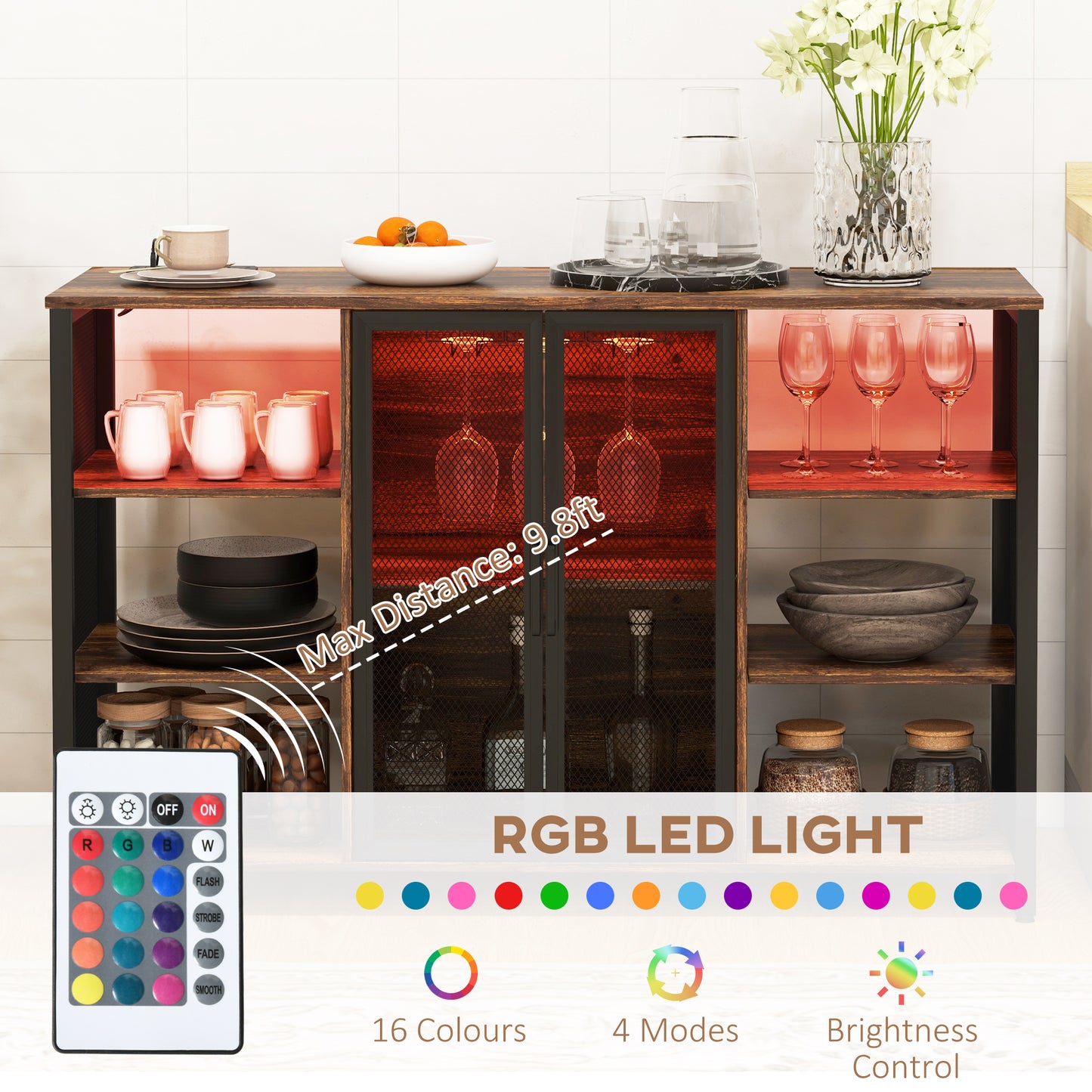 Rustic Brown LED Wine Cabinet With Glass Holders Charging