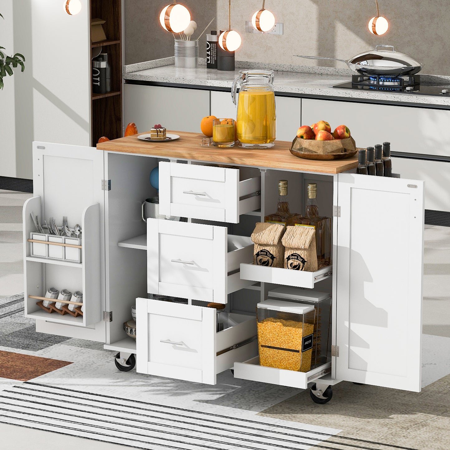 K&K Multi-Function Rolling Kitchen Cart with Storage, Rubber Wood Top, 3 Drawers, 2 Slide-Out Shelves, and Spice Rack, White