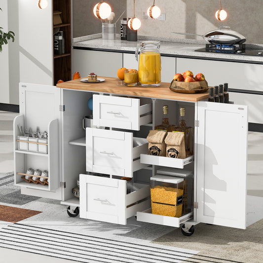 K&K Multi-Function Rolling Kitchen Cart with Storage, Rubber Wood Top, 3 Drawers, 2 Slide-Out Shelves, and Spice Rack, White