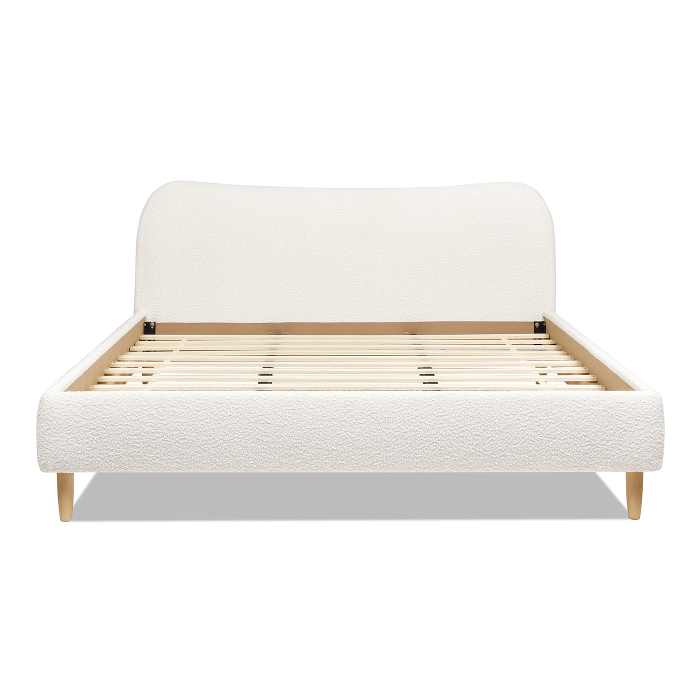 Ivory White Boucle King Platform Bed with Curved Upholstered Headboard