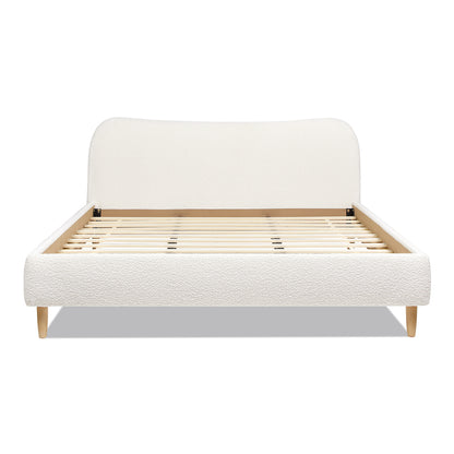 Ivory White Boucle King Platform Bed with Curved Upholstered Headboard