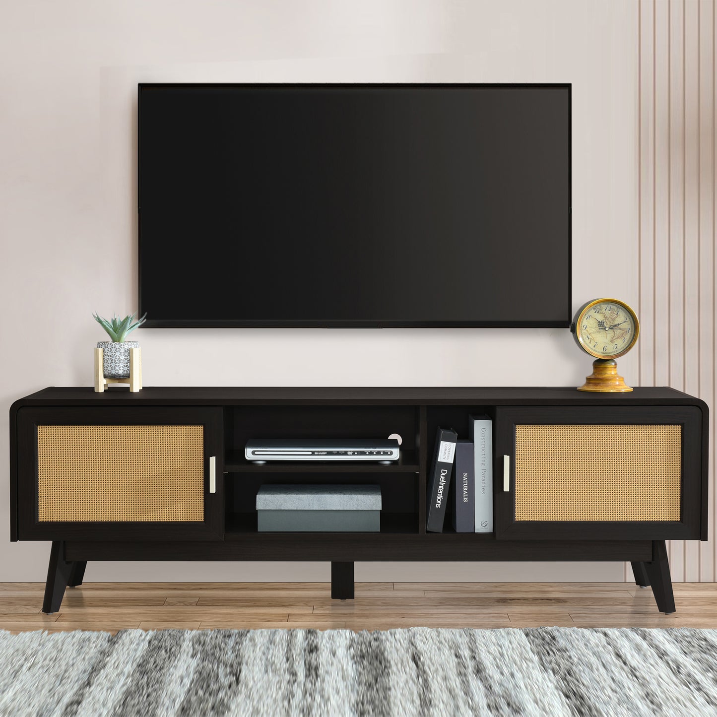 63-Inch TV Stand with 2 Cabinets, 3 Shelves, Boho Rattan, Solid Wood Legs, Fits 65-Inch TV, Dark Brown
