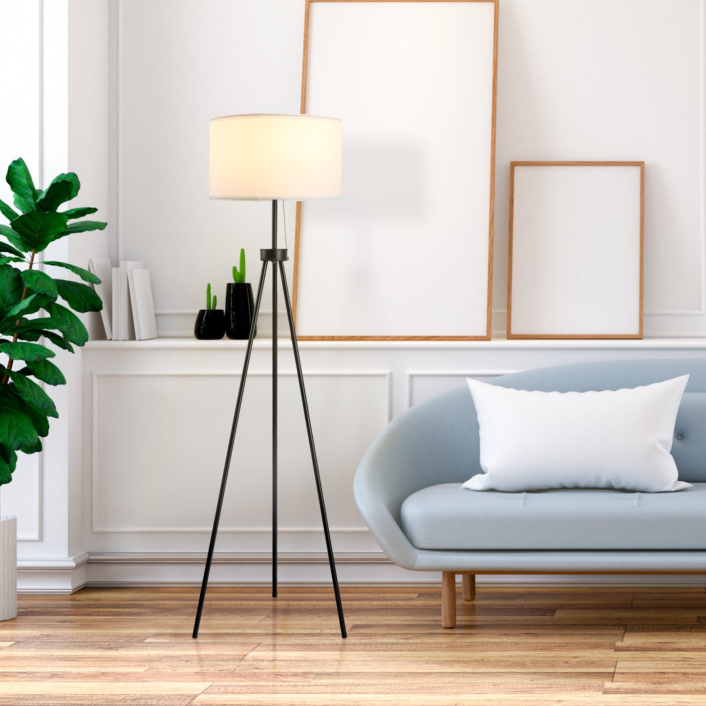 59.75-Inch Tripod Floor Lamp with Pull Chain, Steel Frame, Fabric Shade, E26 Socket, 118-Inch Cord, Black