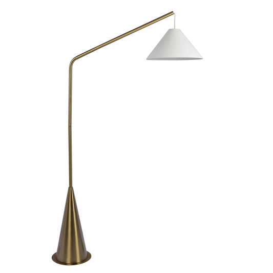 Floor Lamp with On/Off Switch, Coned Base, Hanging White Shade, 67in Tall, Room Light, Antique Brass