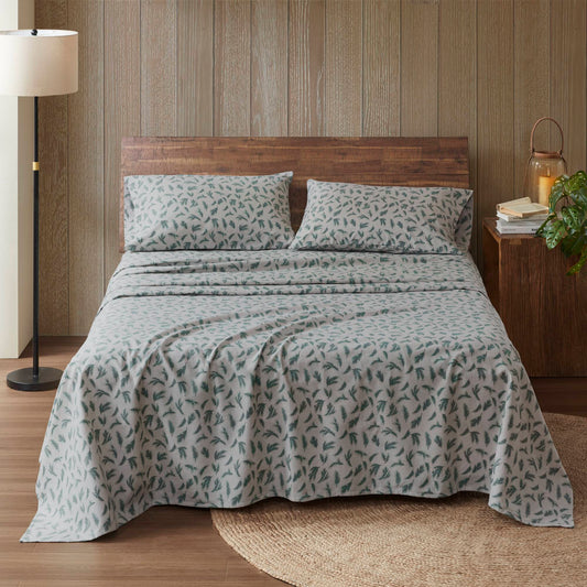 Queen 4-Piece Flannel Sheet Set, 100% Cotton, Printed Pine Branches, Soft Wrinkle-Free, Multi