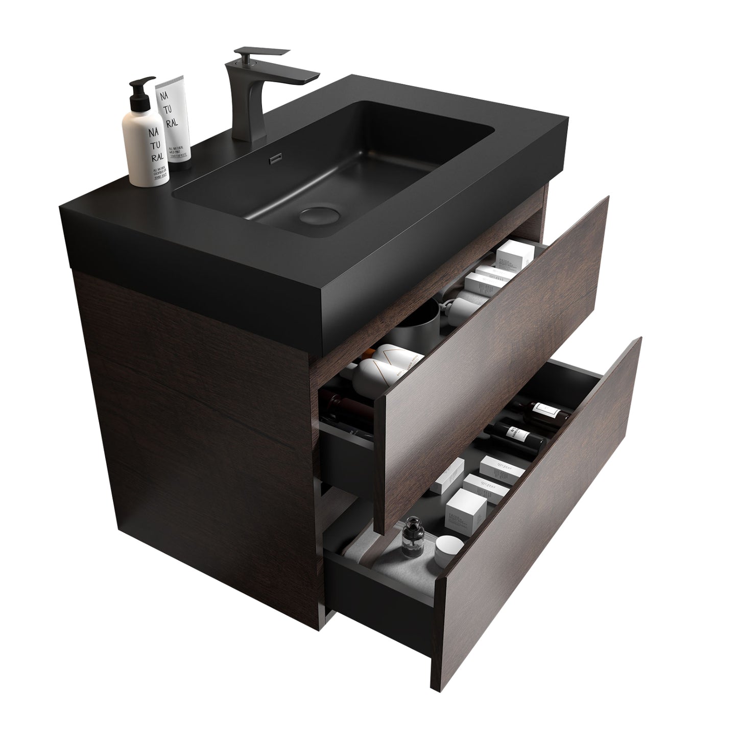 Modern 30" Walnut Floating Bathroom Vanity with Black Sink and Ample Storage